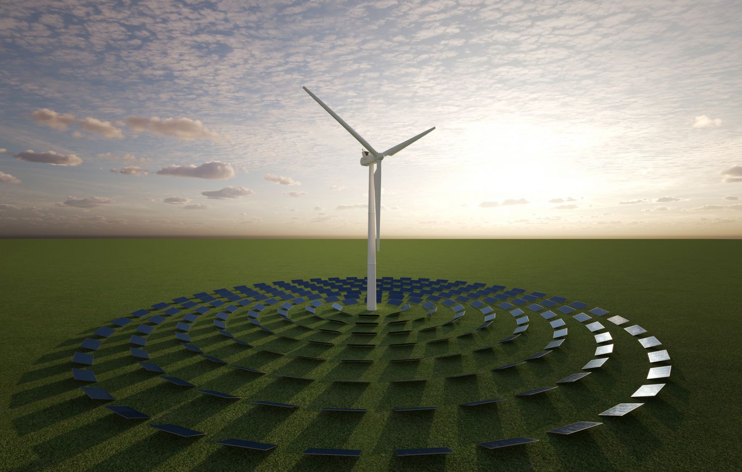 Ein Windrad umringt von Photovoltaikanlagen. Symbolbild für Energiemix